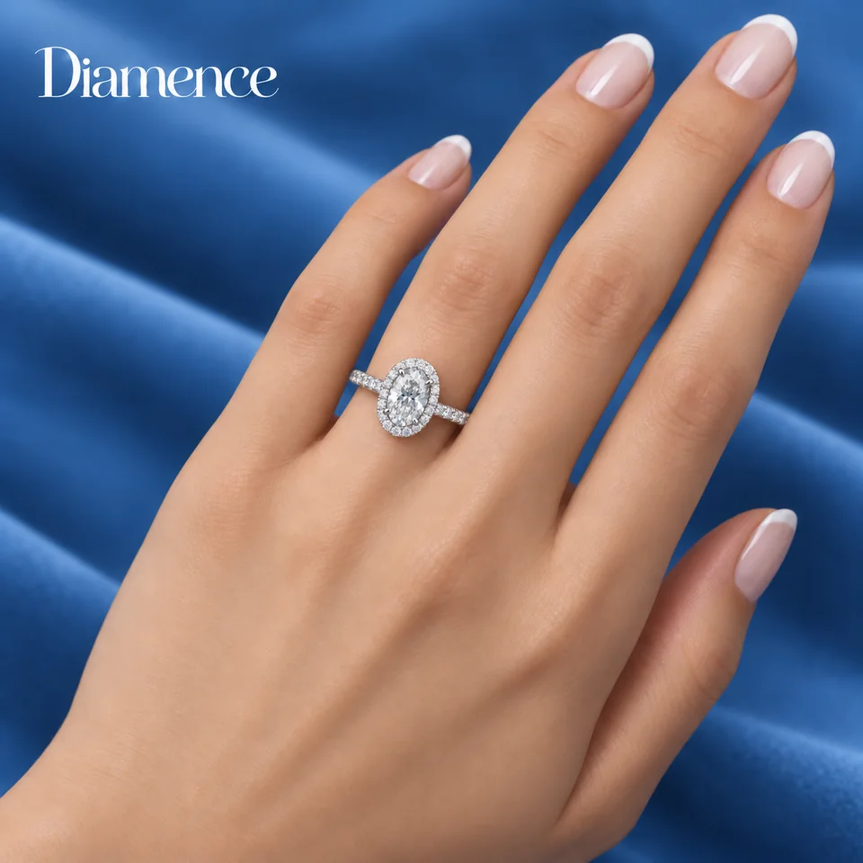 Кольцо Овал хало — изображение посадки из каталога Diamence